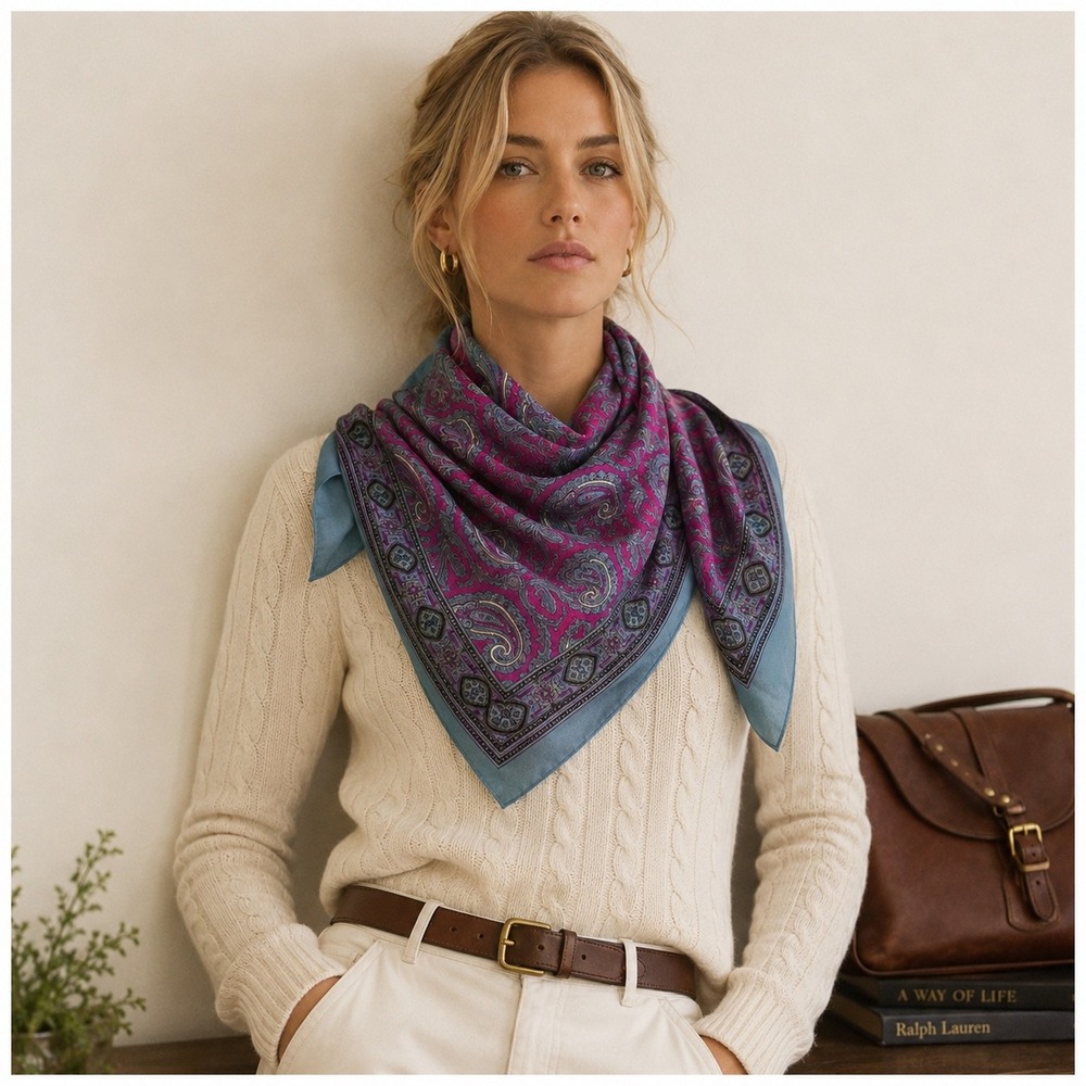 Vintage Paisley Square Scarf Womens‎ Magenta Blue Boho Eclectic Classic Retro